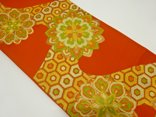 JAPANESE KIMONO / ANTIQUE FUKURO OBI / SILK / WOVEN KIKKO & FLORAL CREST